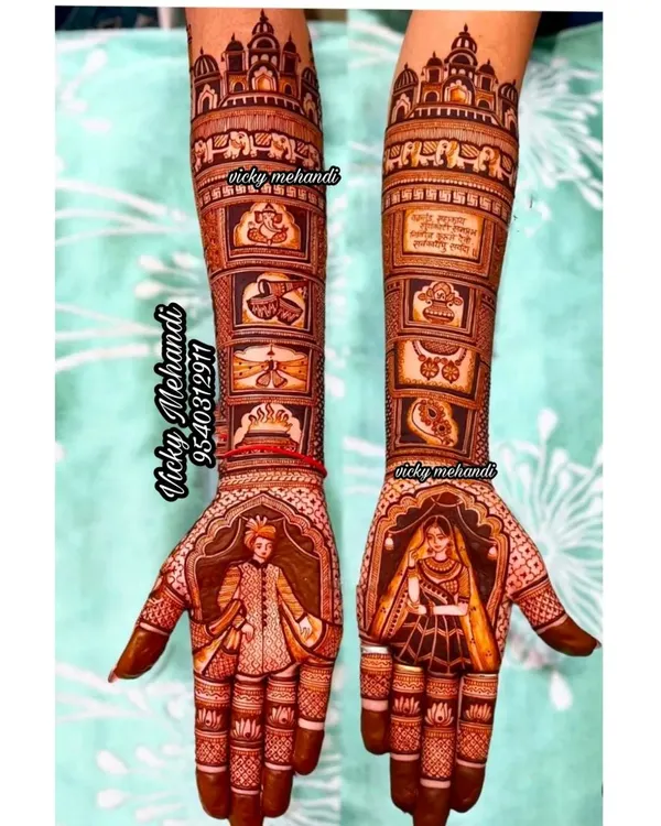 A full story on both arms. This design includes bride and groom portraits, wedding rituals like havan kund and gathbandhan, and auspicious symbols like Lord Ganesha, all telling a complete wedding narrative.