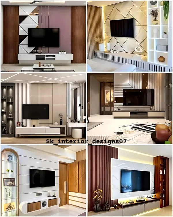 A collage of various TV unit designs we can create. This shows our versatility, from minimalist floating consoles to elaborate entertainment walls with extensive storage.