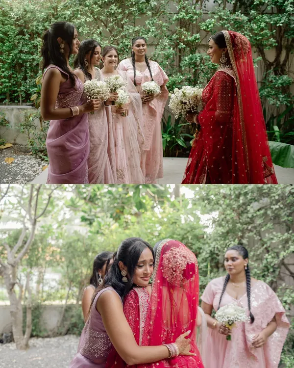 Pieces of her heart, standing right beside her. A collage showing the bride's first look with her bridesmaids, capturing their emotional reactions and a heartfelt hug. A beautiful tribute to girlhood and friendship.