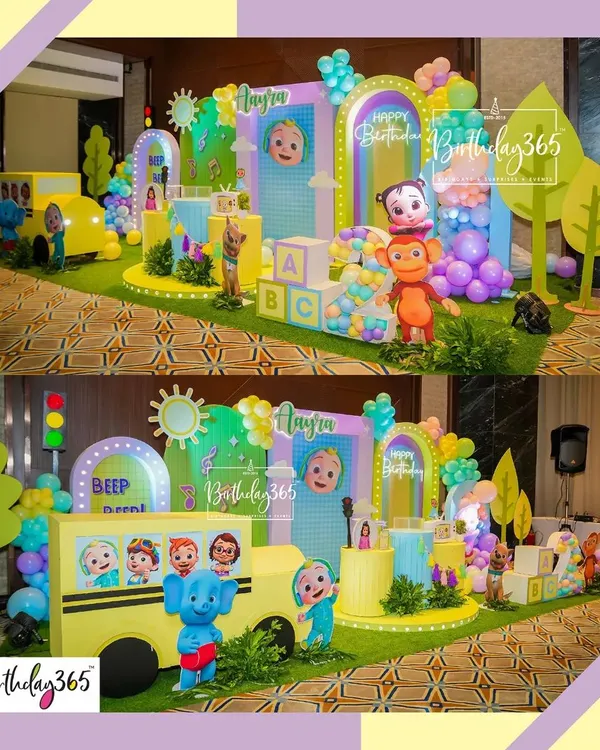 A vibrant Cocomelon-themed party for Aayra. We recreated the iconic yellow school bus and brought characters like JJ and his friends to life with large, colorful cutouts.