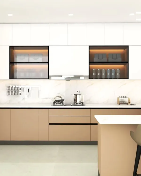 This 3D render showcases a modern kitchen with a clean, two-tone design of beige and white cabinets. I've included glass-front upper cabinets with internal lighting to display fine crockery, blending storage with style.