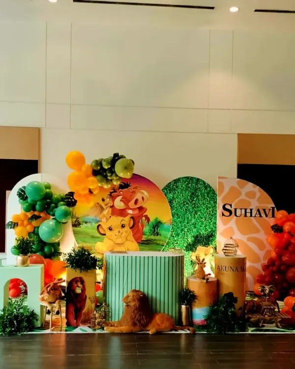 A "Hakuna Matata" celebration with this custom Lion King theme. We used earthy tones, animal prints, and beloved character cutouts to bring the Pride Lands to life for a wild 5th birthday.