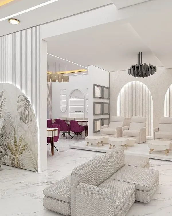 A look at our spacious and elegant waiting area and pedicure stations. We've created a relaxing atmosphere so you can unwind while you wait for your appointment or receive a service.