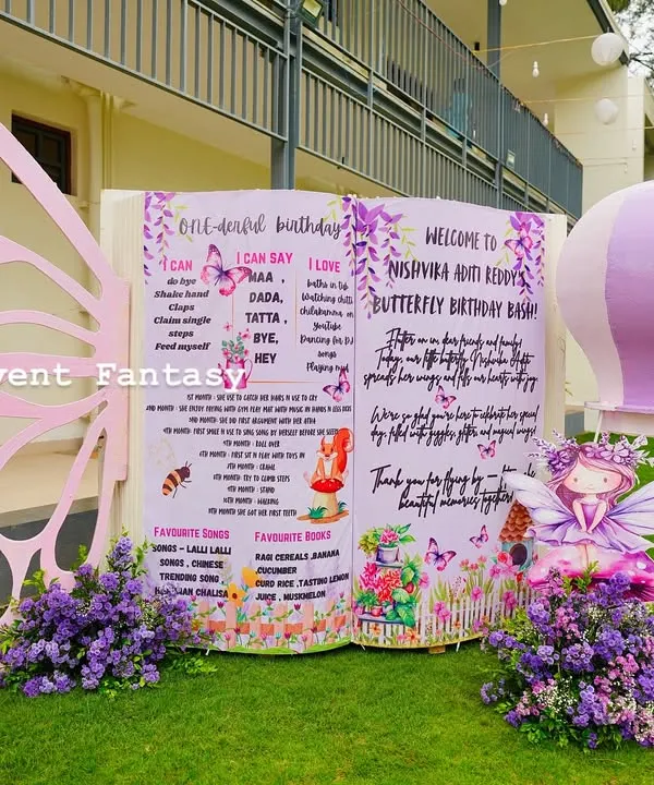 A personalized storybook welcome sign for Nishvika's butterfly birthday, complete with a giant butterfly wing prop for the perfect photo opportunity.