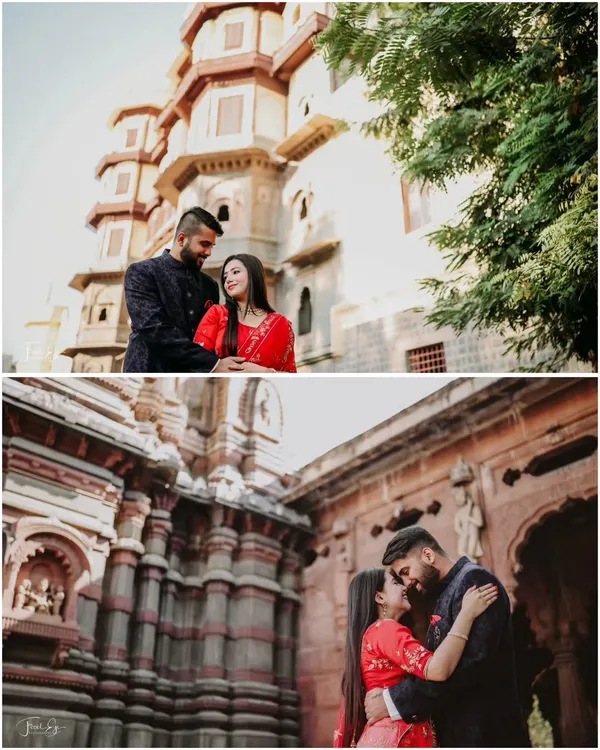 A collage from a pre-wedding shoot at a historic site in Indore. We captured both wide shots showing the magnificent architecture and intimate moments within the temple-like structures.
