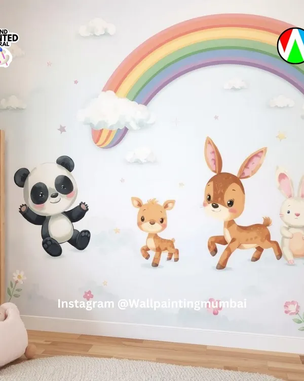 This whimsical mural was designed for a nursery, featuring a friendly panda, deer, and rabbit under a soft rainbow. The gentle colors and cute characters create a soothing and happy environment for a little one.