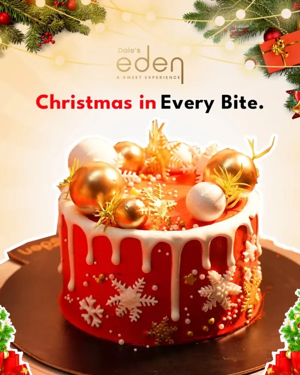 Christmas in every bite. This festive red cake is decorated with golden ornaments and delicate snowflakes, capturing the joy and magic of the holiday season.