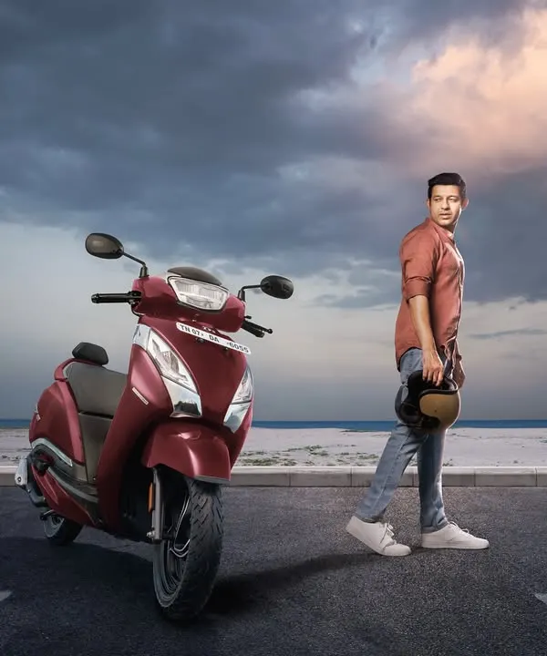 A key visual from the TVS Jupiter digital campaign, shot on location in Pondicherry. This image was used to convey a sense of freedom and style, targeting a young, adventurous demographic.