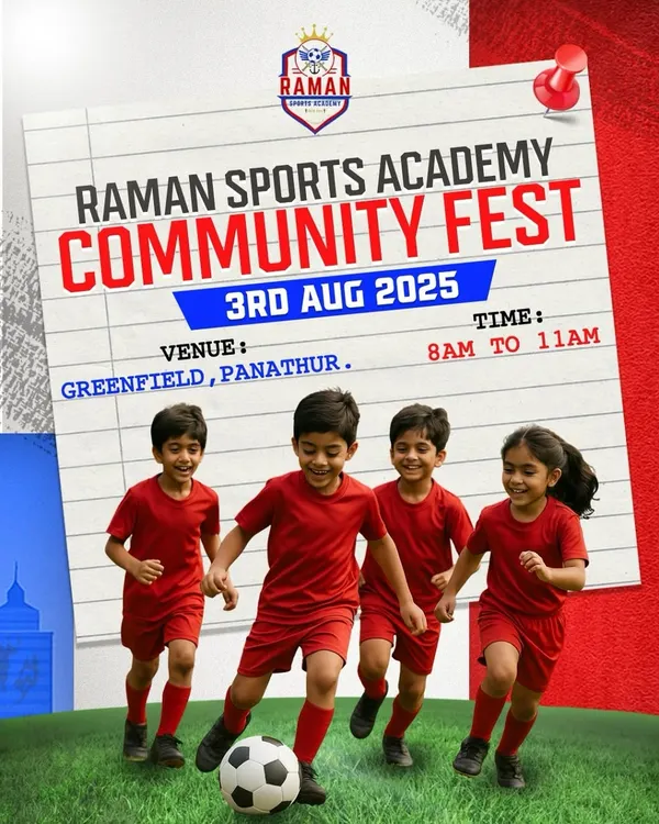 Our announcement for the Raman Sports Academy Community Fest, featuring our youngest players and inviting families to a morning of fun and football.