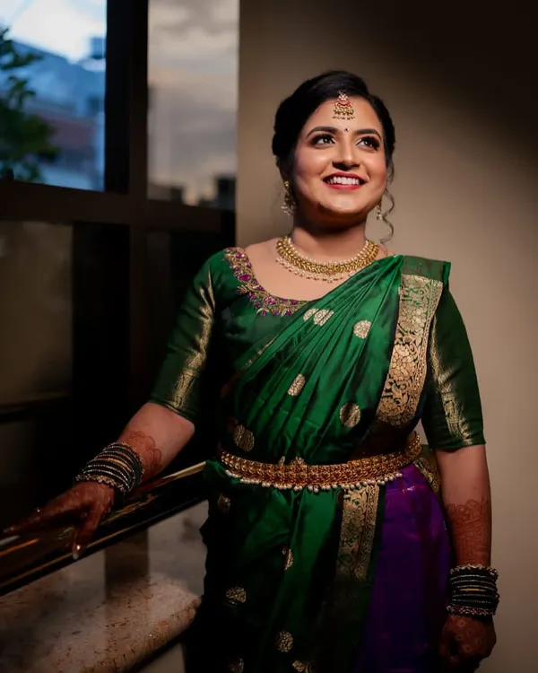 Dressed in a stunning green and purple silk saree, this client is glowing for her engagement. I enhanced her features with a warm, traditional makeup look, focusing on beautifully defined eyes and a radiant smile.
