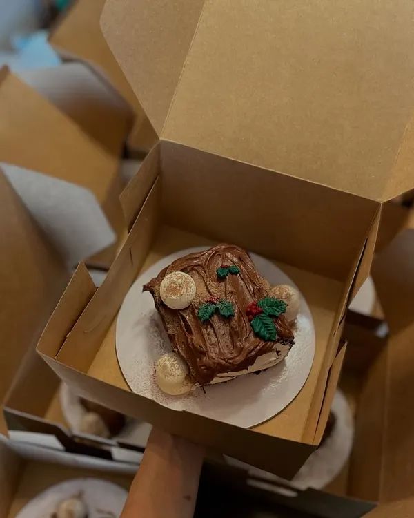 My Bûche de Noël, or Yule log cake, all boxed up and ready for a Christmas celebration.