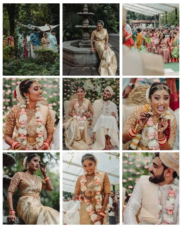 A collage of candid moments from a beautiful South Indian wedding at the Taj West End. It captures the essence of the day, from the solemn rituals to the joyful interactions between the couple and their families.