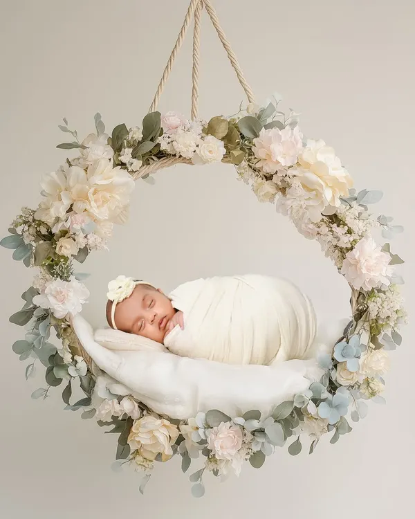 A peaceful newborn rests inside a beautiful wreath of white and pastel flowers. This angelic setup is one of my most requested, creating a timeless and classic portrait that focuses on the serene beauty of your baby.