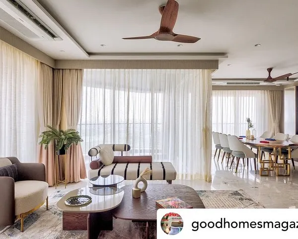 Featured in Good Homes Magazine, this open-plan living and dining area in Powai was designed to maximize natural light and views. The neutral palette and carefully selected furniture create a calm, elegant, and seamless flow between spaces.