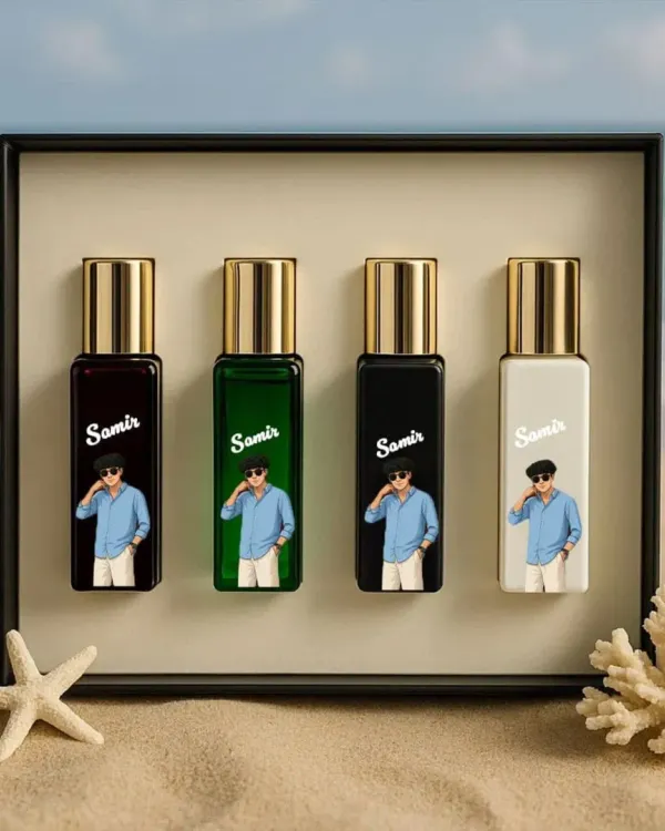 This is my customized Denver Exclusive Perfume Gift Set for men, beautifully presented in a gift box. You can get a name and a caricature printed on all four bottles.