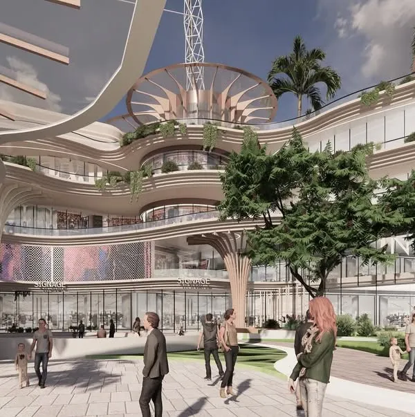 A rendering of the Inorbit Vizag mixed-use development, a collaboration with Benoy Design. The design features organic, flowing forms and extensive landscaping, creating a pedestrian-friendly public space that integrates retail and leisure.