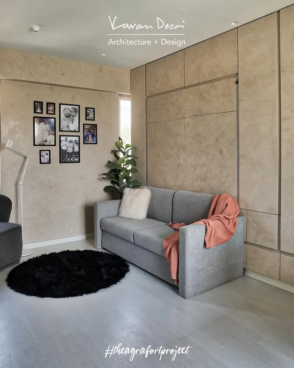 For the Agra Fort Project, we designed this bedroom around an automated Murphy bed. When the bed is up, the room is a spacious lounge with a comfortable couch, making it perfect for a multi-use guest room or studio apartment.