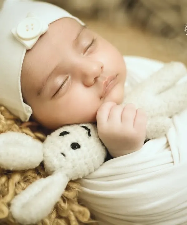A close-up on pure innocence. This newborn is sleeping soundly, cuddled up with a tiny crocheted bunny, showcasing the delicate features I love to capture.