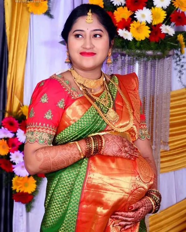 So much joy getting this lovely mom-to-be ready for her seemantham. Her happiness and glow were the best accessories to the vibrant makeup and traditional attire we chose for her baby shower.