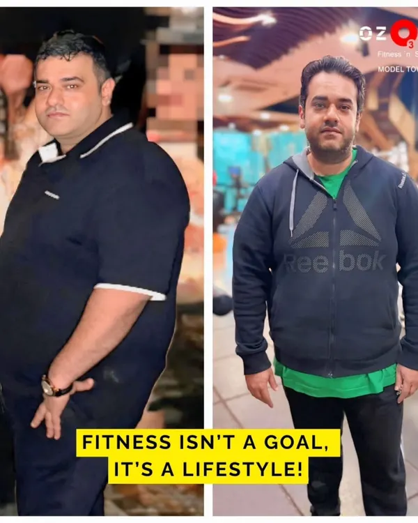 A clear demonstration of a lifestyle change. This before and after photo shows a significant reduction in body fat and a healthier physique, achieved through our personalized training programs.