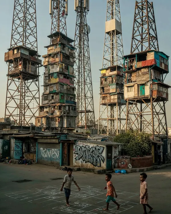 This piece, 'Network Nagar', imagines a future where Mumbai's housing crisis is solved by building vertically onto massive cell towers. It's a core example of my Indofuturism style, mixing a high-tech, dystopian concept with the familiar sight of children playing on the street.