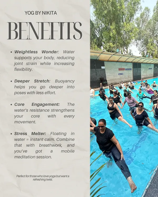 This graphic explains the key benefits of Aqua Yoga. The water supports your body for weightless movement, helps you achieve deeper stretches with less effort, and provides instant stress relief, making it a perfect mobile meditation session.