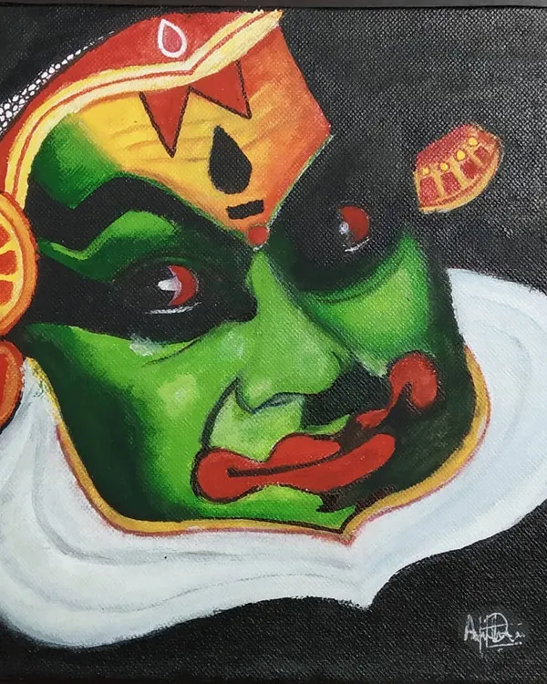 This Kathakali face is painted with acrylics on an 8x8 inch stretched canvas. I focused on capturing the dramatic green, red, and white makeup, which signifies a heroic and divine character in this traditional Keralan dance form.