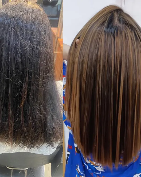 A stunning before and after showcasing the power of a combined Keratin treatment and custom highlights. I took this client's hair from frizzy and undefined to sleek, smooth, and vibrant, demonstrating a complete hair health and style makeover.