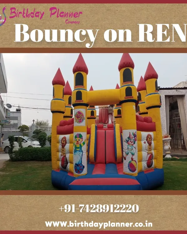 This is our classic yellow and red castle bouncy, a popular rental for children's birthday parties. Its vibrant colors and traditional design make it a centerpiece for any outdoor celebration, providing a safe and fun jumping area.