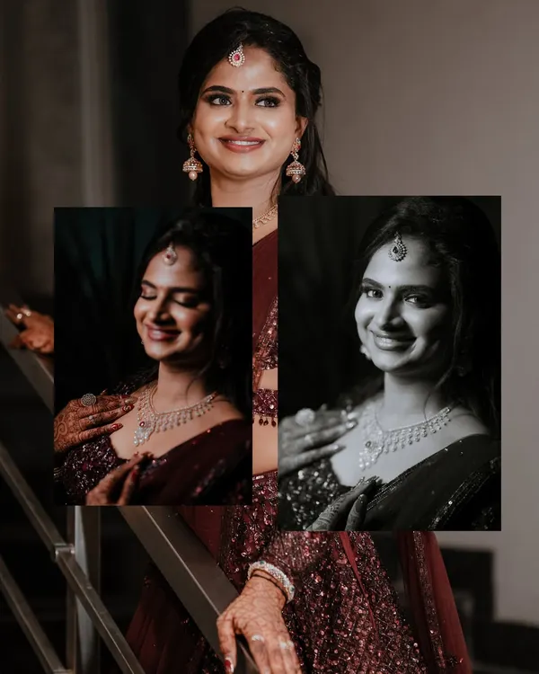 A collage of the bride in both color and black and white. The monochrome shot adds a layer of timeless elegance and focuses on her joyful expression.
