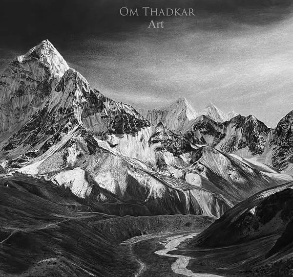 I call this piece 'Eternal Peaks'. This large-scale landscape captures the majestic and timeless nature of the Himalayas. The black and white medium allows the focus to be on the raw, rugged textures of the mountains and the dramatic sky.