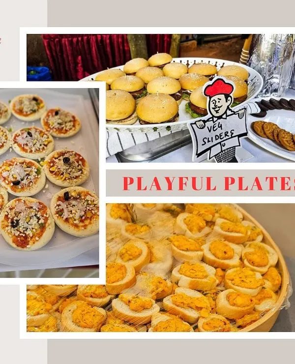 From playful plates to delectable bites, this collage shows some of my most popular items for kids' parties, including mini pizzas, veg sliders, and cheesy bread bites.