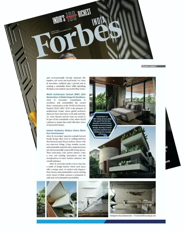 I am proud to share this exclusive feature in Forbes India, which covers my architectural masterpieces and my philosophy of crafting sustainable luxury. It highlights how I blend aesthetics with sustainability to create spaces that are both beautiful and responsible.