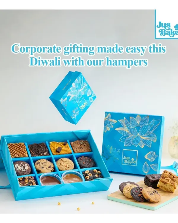This is our Happiness Box, and it’s exactly what it sounds like. We designed this beautiful hamper for Diwali, filled with an assortment of our bestselling eggless brownies and cookies. It’s the perfect way to make your clients and teams feel special during the festive season.