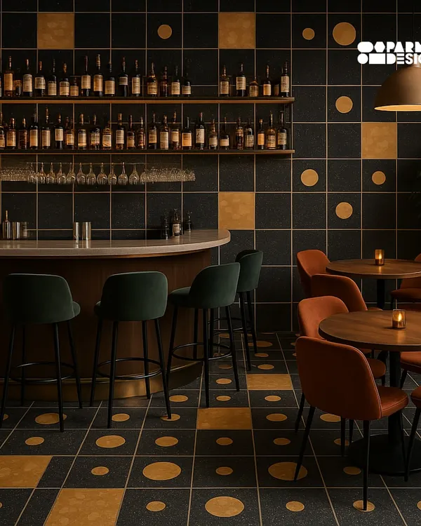 This restaurant interior is anchored by our striking black Venetian terrazzo floor, featuring golden yellow chips and Jaisalmer stone inlay. We crafted this warm, refined space to show how the right surface can define an entire atmosphere.