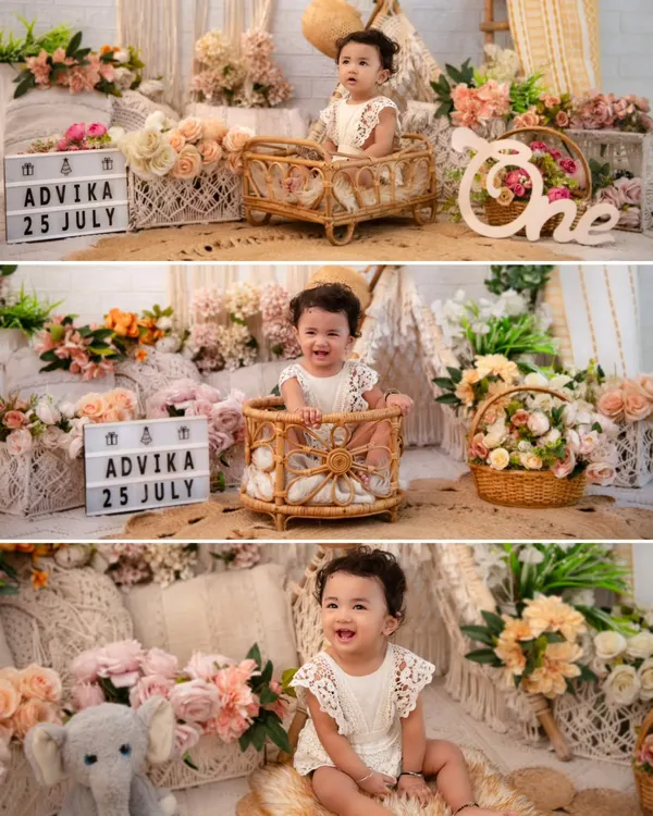 A collage celebrating a first birthday in my popular boho theme. I capture a variety of shots, from playful moments in the wicker basket to sweet smiles, telling the complete story of their special day.
