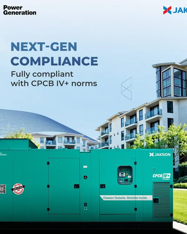 Our gensets are fully compliant with next-generation CPCB IV+ norms. This unit, pictured outside a modern residential complex, represents our commitment to providing power solutions that are both high-performing and environmentally responsible.