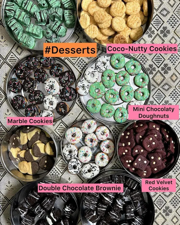 A dessert lover's dream! This platter showcases my wide range of eggless desserts, including Mini Chocolatey Doughnuts, Red Velvet Cookies, Marble Cookies, and Double Chocolate Brownies.