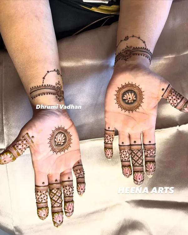 A beautiful and minimal design featuring a lotus mandala on the palm and a delicate bracelet pattern on the wrist.