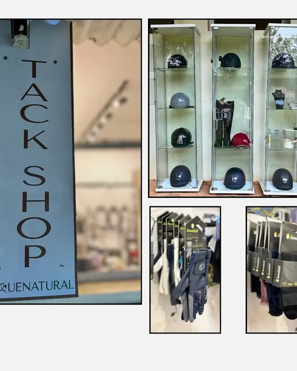 A look inside our Tack Shop. We offer a curated selection of riding helmets, gloves, and apparel from leading international brands to ensure safety and style.