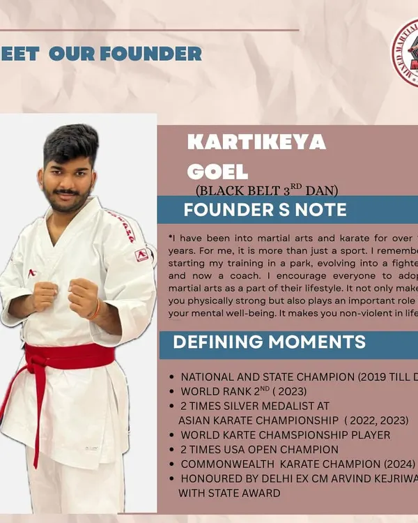 Meet our founder, Kartikeya Goel. This graphic details my background as an international karate champion and my philosophy that martial arts is a lifestyle.