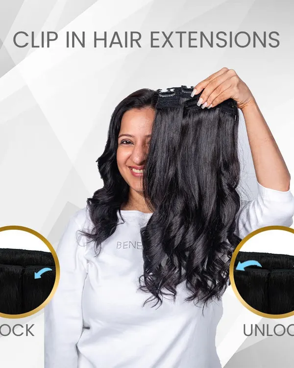 Our clip-in hair extensions are easy to use, with a simple lock and unlock mechanism. This graphic shows how you can instantly add volume and length with our premium sets.