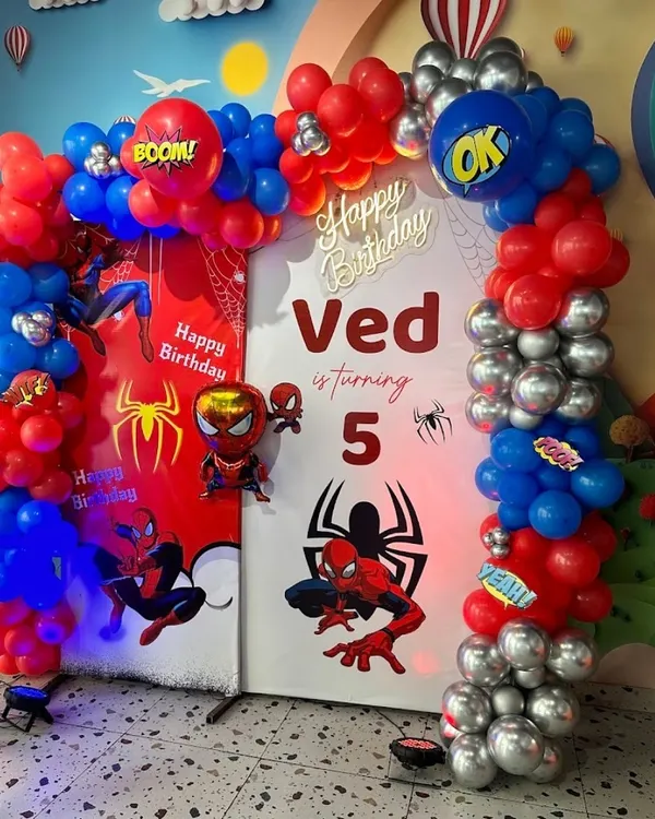 A Spider-Man theme that packs a punch. We used bold red, blue, and silver balloons and custom backdrops to create a super celebration for Ved's 5th birthday.