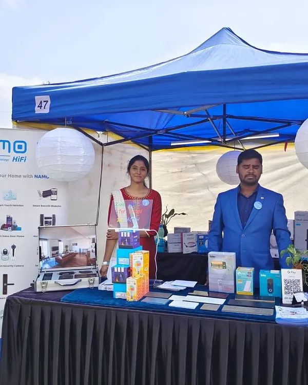 Our team at the NAMO HiFi stall during the Brigade School Annual Day Event in Whitefield. We enjoy demonstrating the latest in smart home technology to the community.