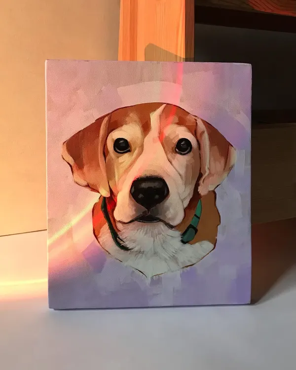 This is an acrylic painting of Bruno, a lovely beagle, captured on a small canvas. I experimented with a more expressive, painterly style here, using bold strokes to define his features against a soft lavender background.