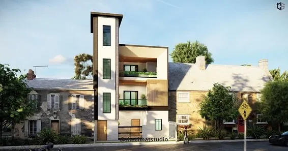 An elevation design for a residence in Moti Nagar, Delhi. This concept features a tall, tower-like element and multiple balconies, creating a modern and dynamic facade that stands out in the neighborhood.
