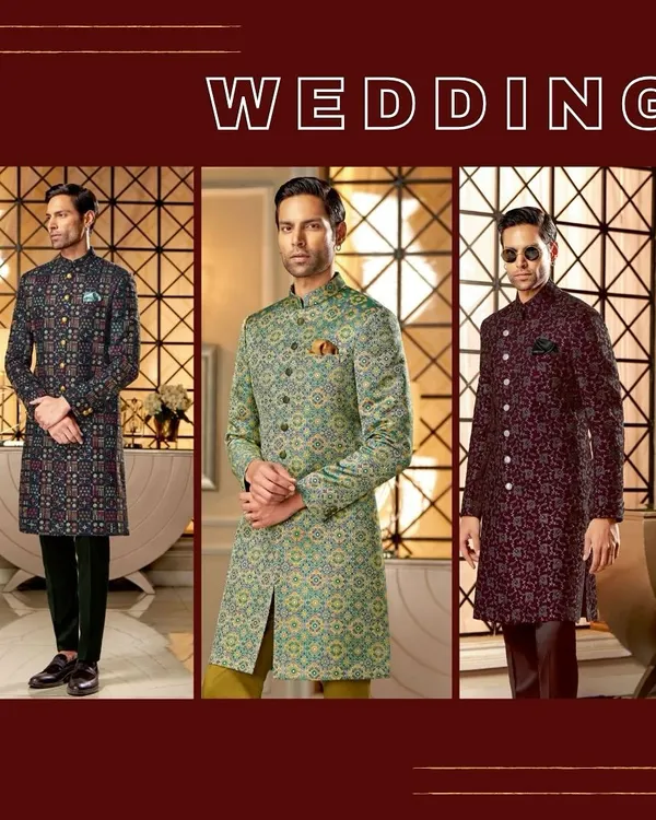 A snapshot from our wedding collection campaign. This image showcases three distinct looks for the modern groom, from a dark patterned sherwani to a vibrant green jacquard.