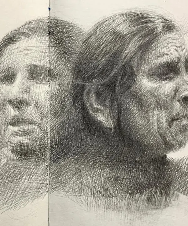 The full drawing of "Destitute of Vision," showing multiple studies of the subject on a single sheet. This is part of my process of exploring a subject from different angles before starting a painting.
