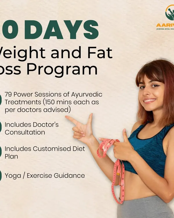 Ready for a transformation? Our 30-day program is a comprehensive plan that includes 79 power sessions of Ayurvedic treatments, doctor consultations, a customized diet, and exercise guidance to help you achieve lasting results.
