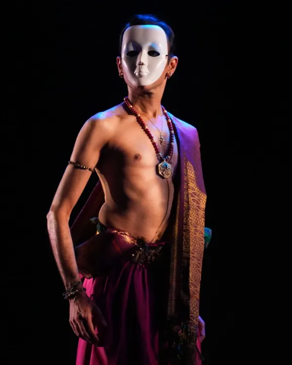 This is a moment from our production "TATSAMA TADBHAVA", a piece that explores the hidden layers of truth through a fusion of contemporary dance and Bharatanatyam. The use of masks and dramatic lighting helps us delve into complex psychological themes on stage.